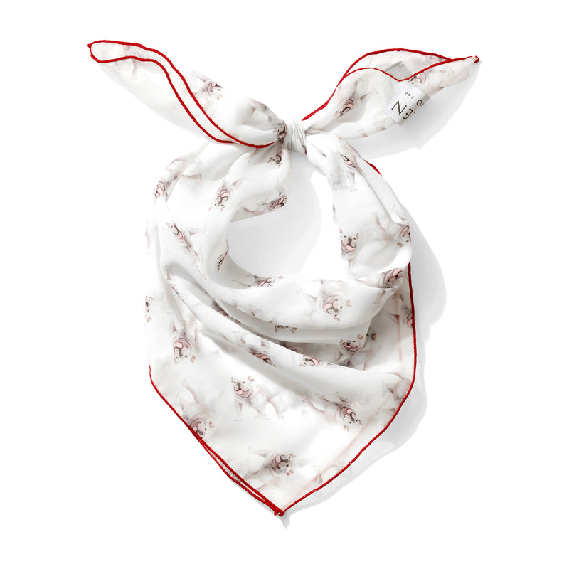 Bulldog chiffon scarf styled as neck scarf game day accessory