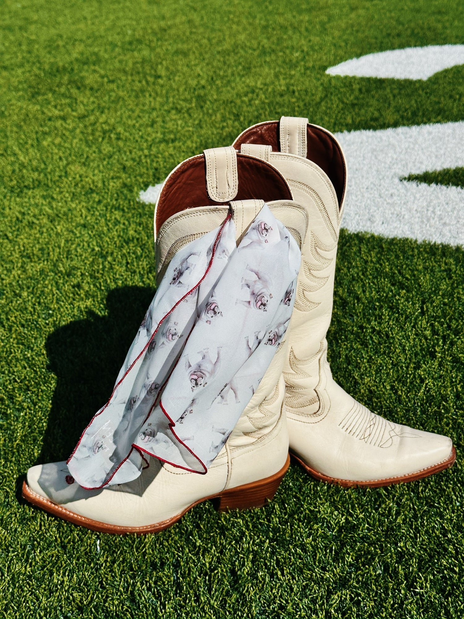 Bulldog chiffon scarf styled with Western boots outdoors