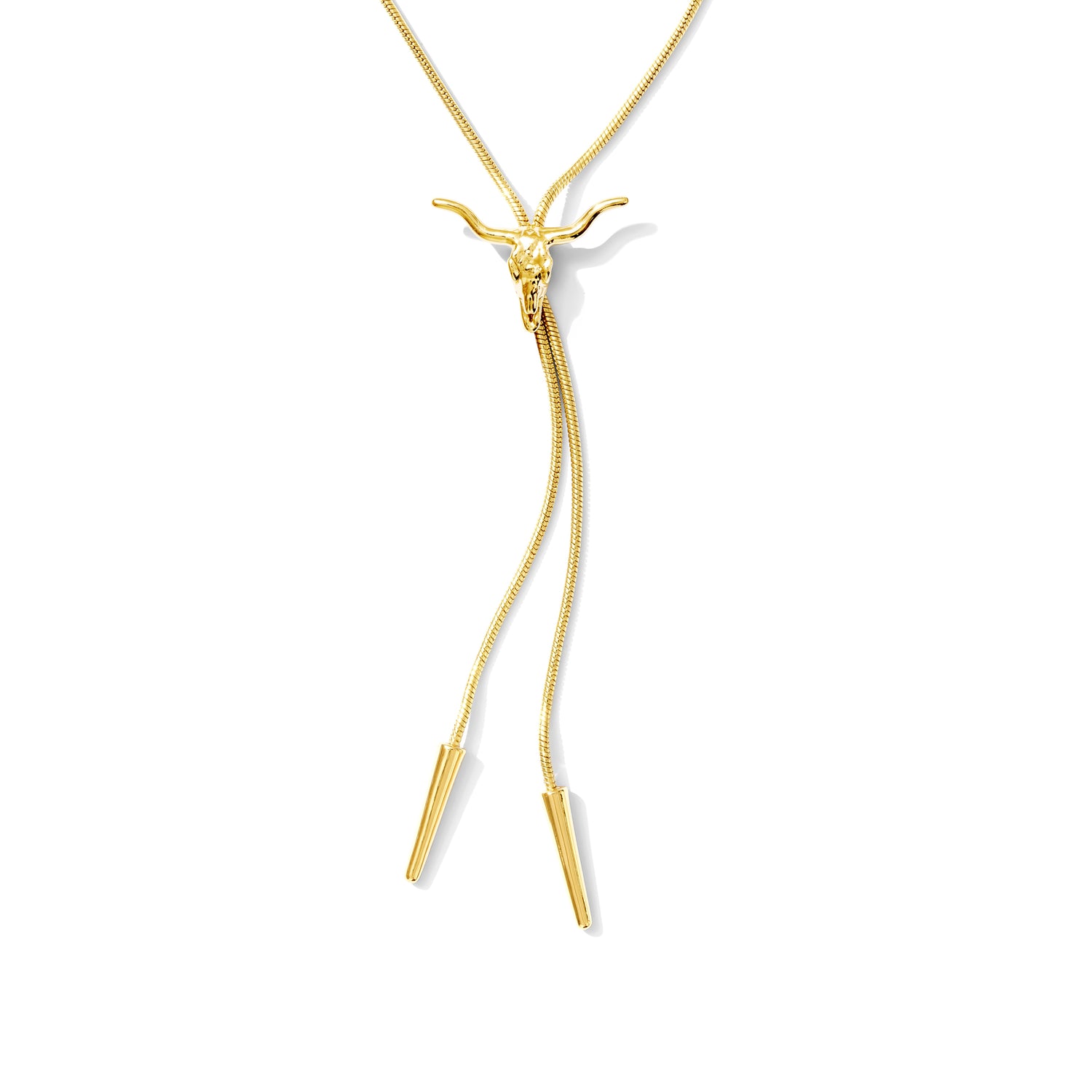 Gold Longhorn bolo tie necklace worn as Western inspired Texas Longhorn jewelry