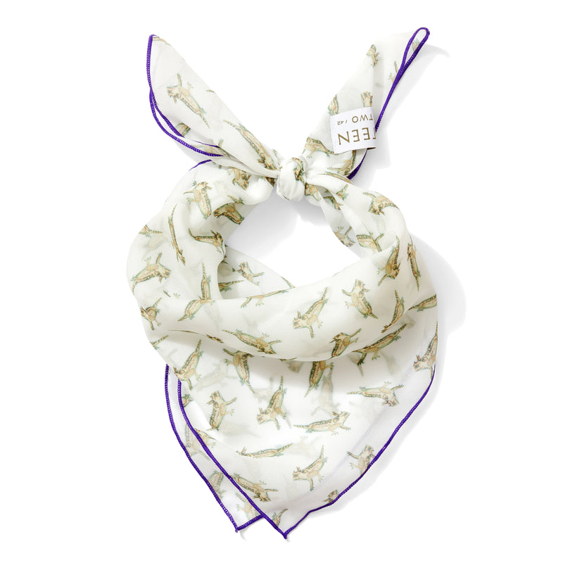 TCU Horned Frogs chiffon scarf with purple trim styled as neck scarf
