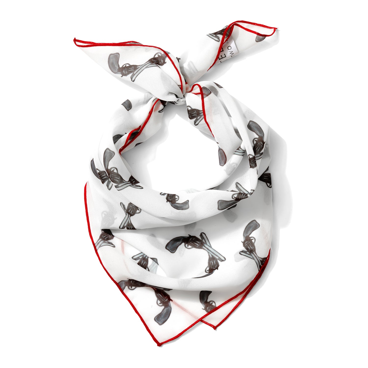Western revolver print chiffon scarf styled as neck scarf