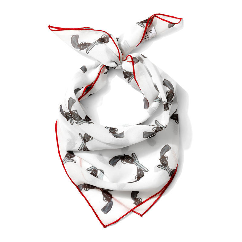 Western revolver print chiffon scarf styled as neck scarf