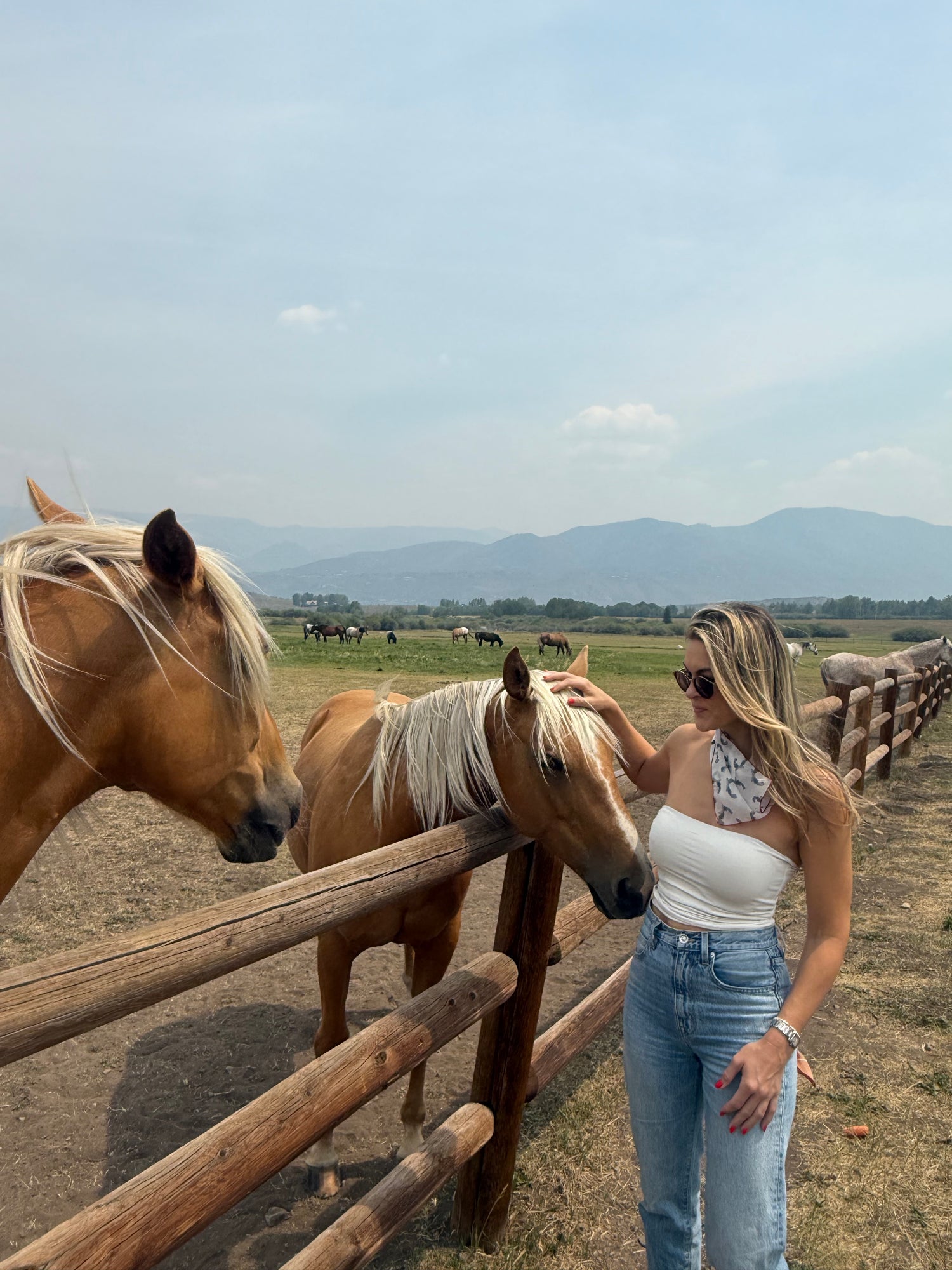 Western revolver print scarf worn outdoors with horse ranch background
