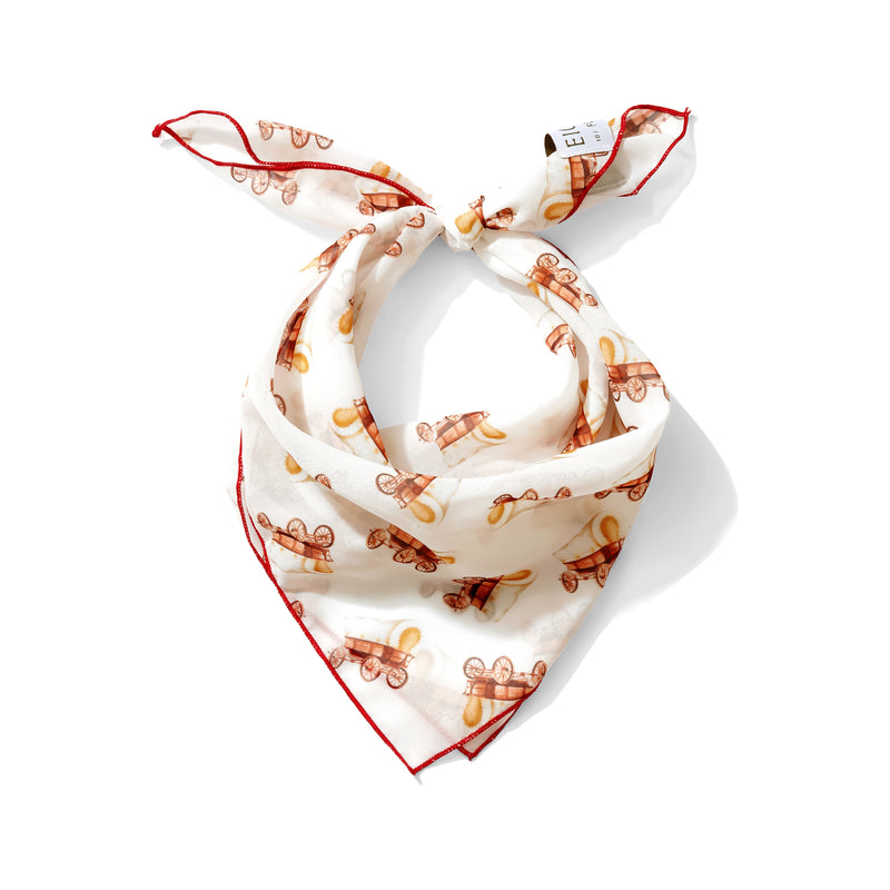 Western wagon print chiffon scarf styled as neck scarf