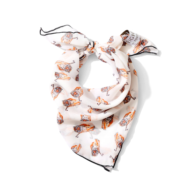 Orange Tiger Chiffon Scarf with Navy Blue Edging | 20" Square Scarf