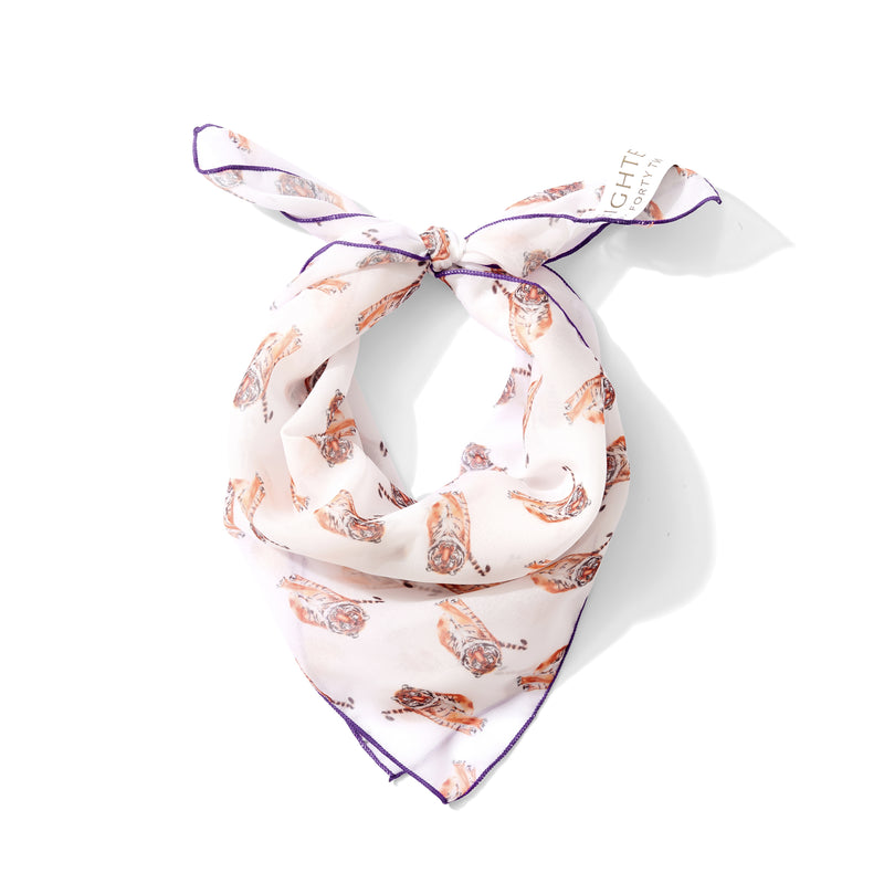 Orange Tiger Chiffon Scarf with Purple Edging | 20" Square Scarf