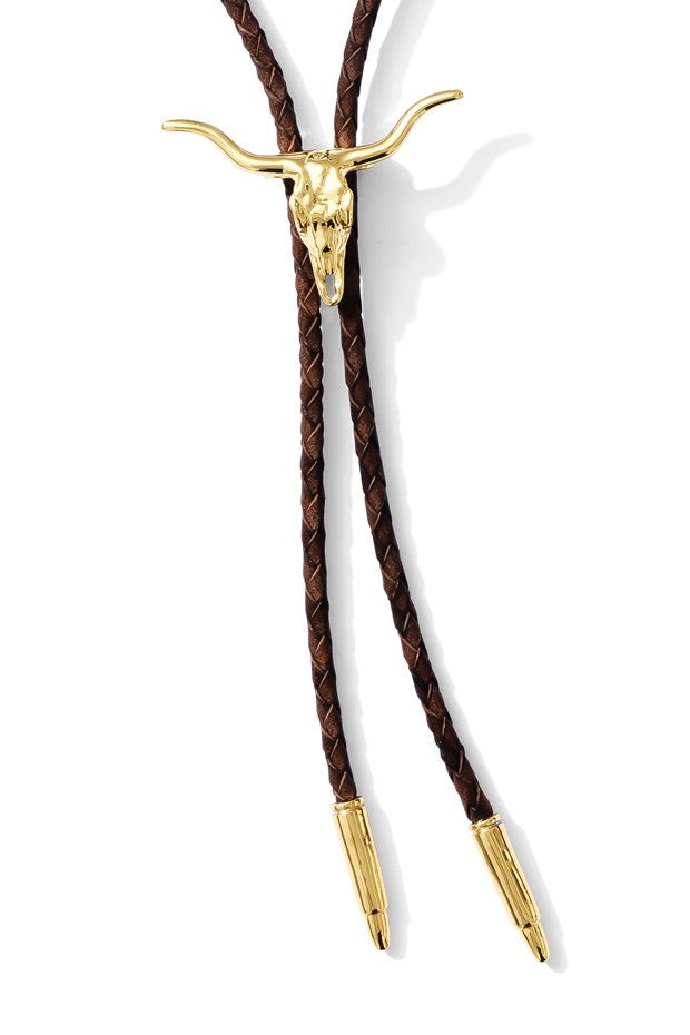 Longhorn Bolo Tie | 14k Gold Plated Western Bolo Tie with Dark Brown Cord