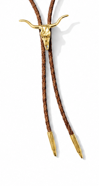 Longhorn Bolo Tie | 14k Gold Plated Western Bolo Tie with Light Brown Cord