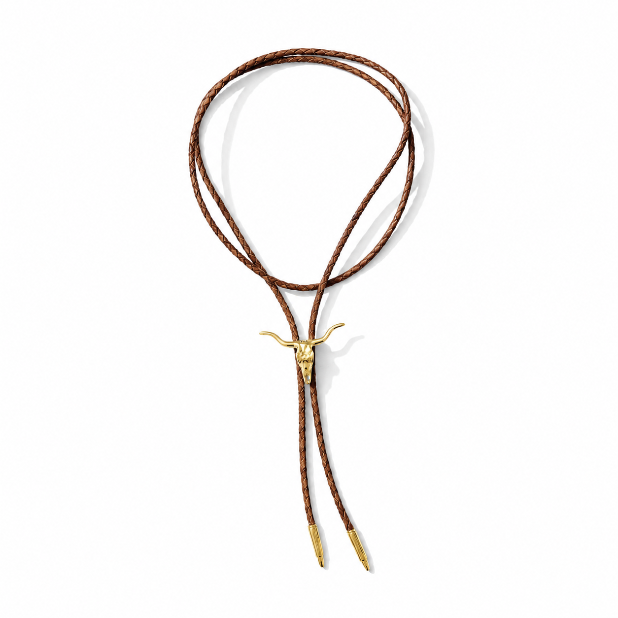Longhorn Bolo Tie | 14k Gold Plated Western Bolo Tie with Light Brown Cord