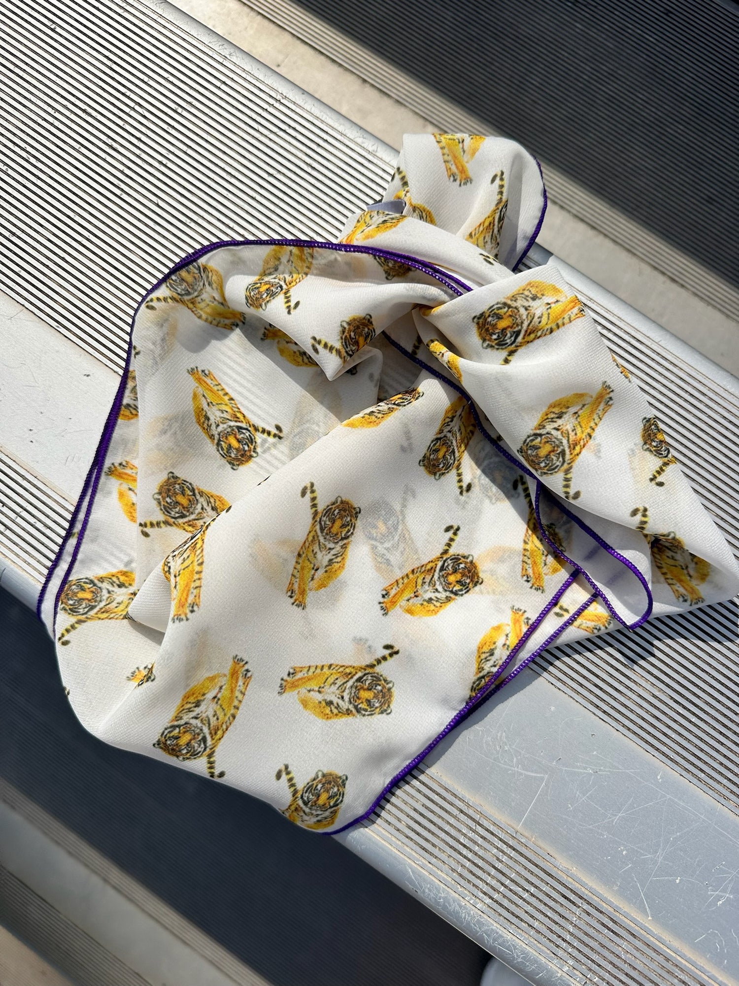 Yellow Tiger Chiffon Scarf with Purple Edging | 20" Square Scarf