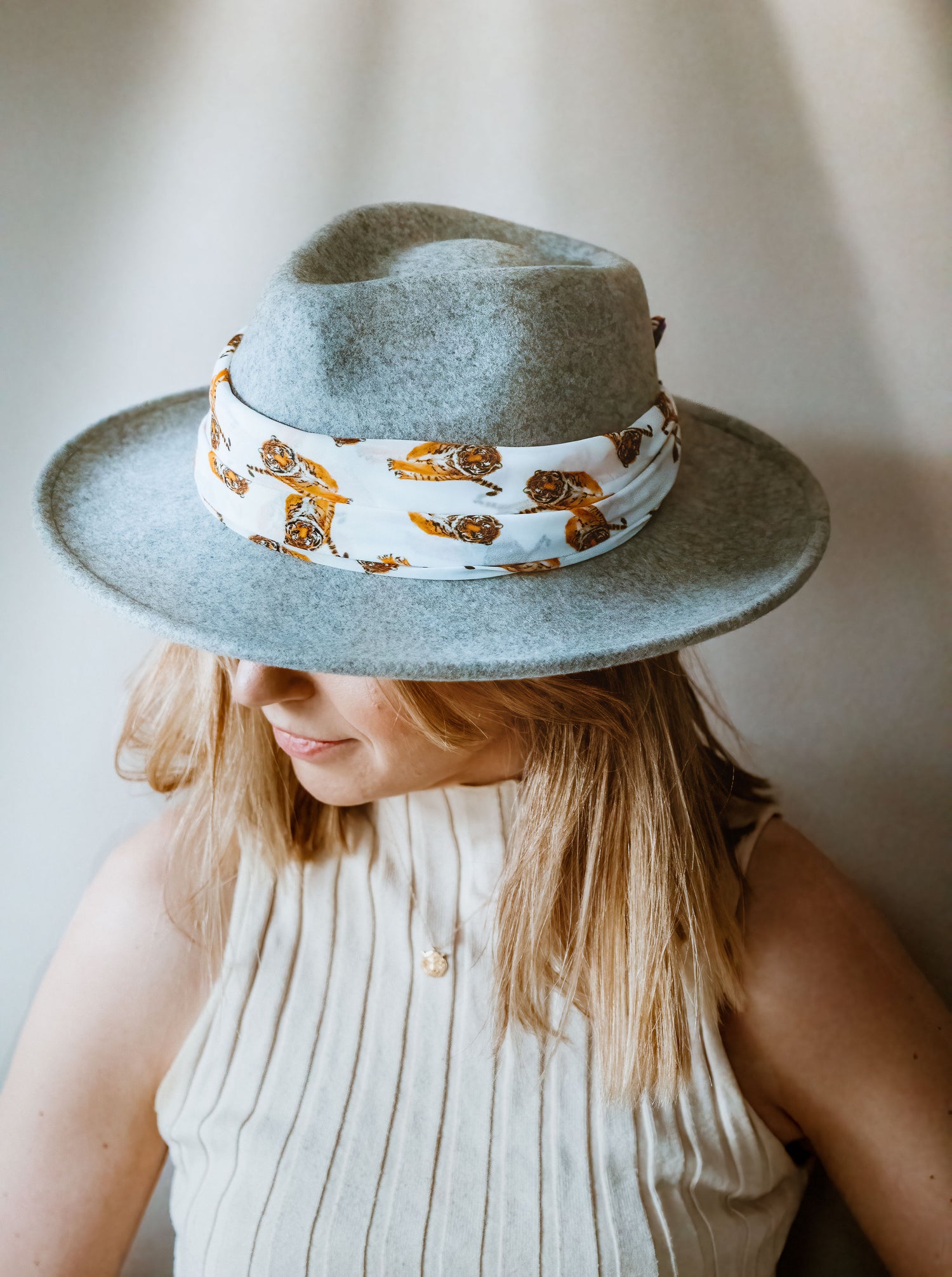tiger chiffon scarf tied on hat