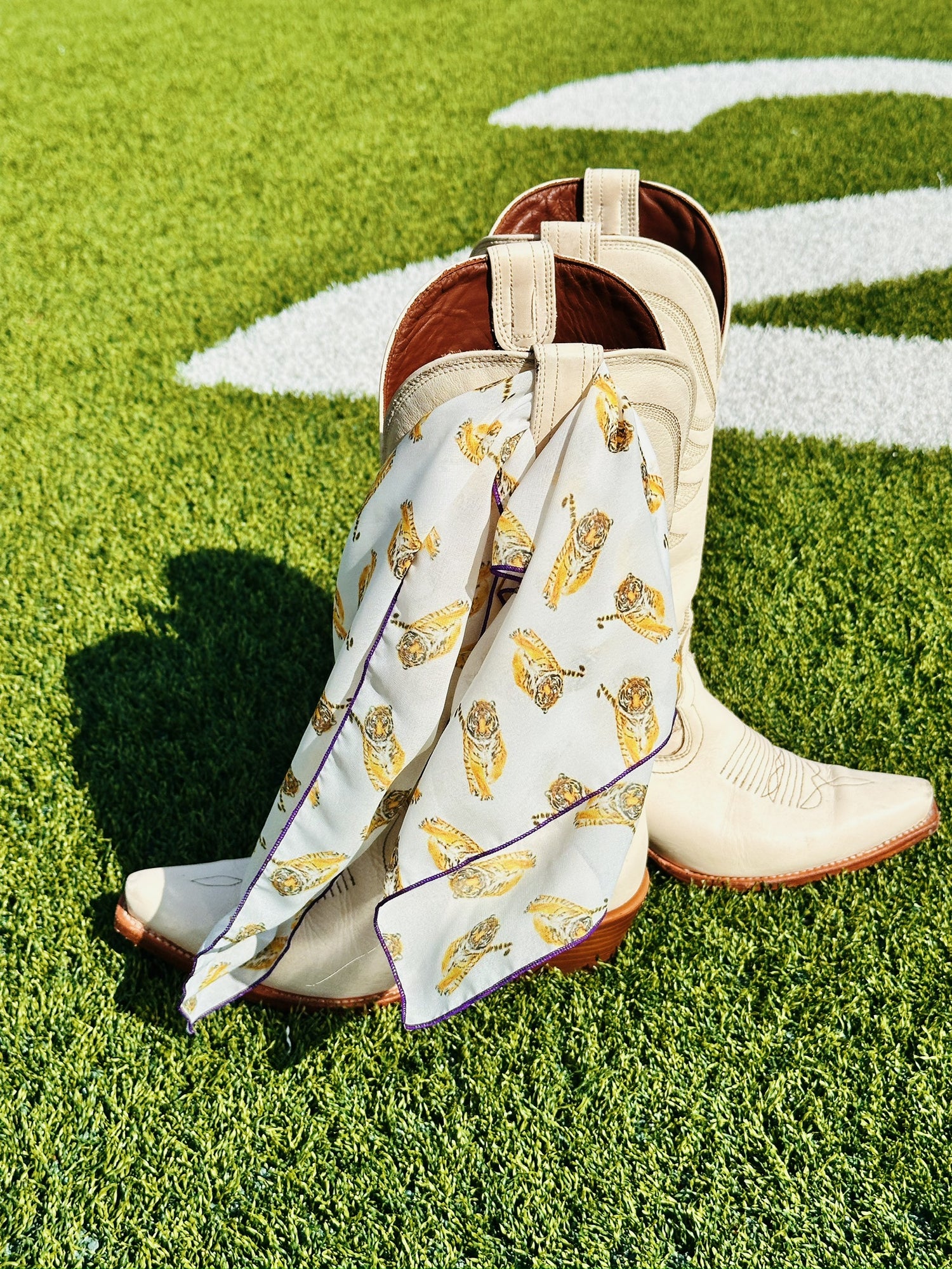 tiger print chiffon scarf tied on boot