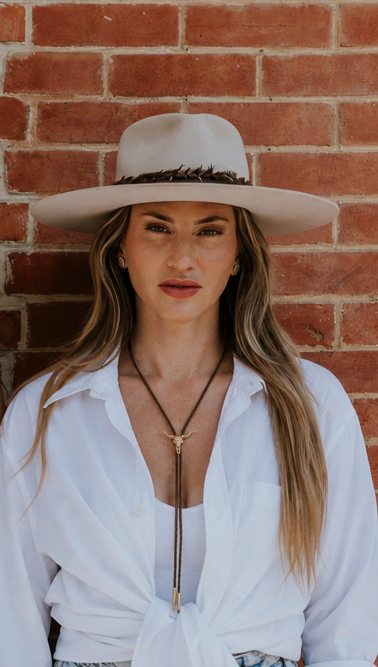 Longhorn Bolo Tie | 14k Gold Plated Western Bolo Tie with Light Brown Cord
